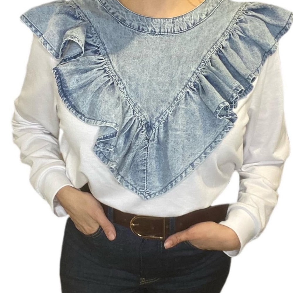 Denim Ruffle Yoke Sweatshirt - White & Light Blue
